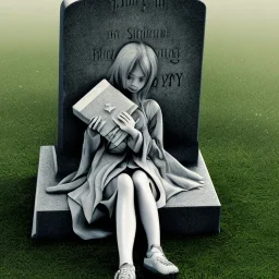 Girl crying laying next to a tombstone, cute, beautiful