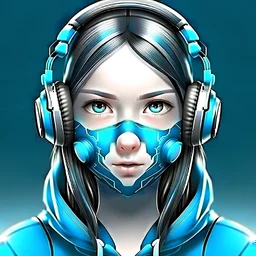 Front face realistic girl wearing masked with headphones in game