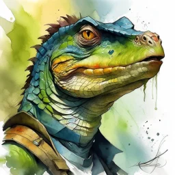 A man looks has a face of dnd, fantasy, watercolour, humongous strokes, stylistic, portrait, illustration, furry, lizard, personable face