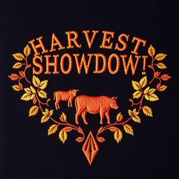 an autumn colored textured cloth embroidered ornamental leaves and cattle, pointed bottom, on dark background, embroidered text across top "HARVEST SHOWDOWN" block text, Canadian western cowboy style