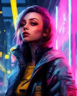 make a purple haired young woman in cyberpunk style With a dark jacket and a rifle