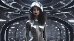 A slim young woman in a silver catsuit with circuitry, standing in a futuristic alien city holding an umbrella shaped like a mushroom with tentacles