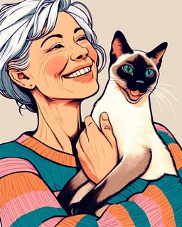 PROMPT:Silver haired mature woman] with playful facial expression hugging a joyful [Oriental shorthair Siamese cat], wearing [casual clothes], in a charming hand-drawn illustration style with [bright colors], flat background, minimal color palette, side profile composition, textured fills, bold outlines, simple whimsical shapes