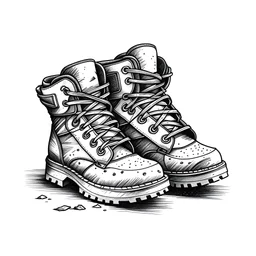 Wasted hiking boots. Cartoon style in black and white, pencil sketch.