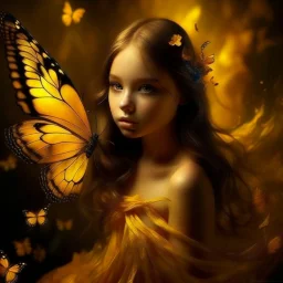 A beautiful young girl in the form of a butterfly flying in golden yellow, a wonderful fantasy scene that is attractive and eye-catching