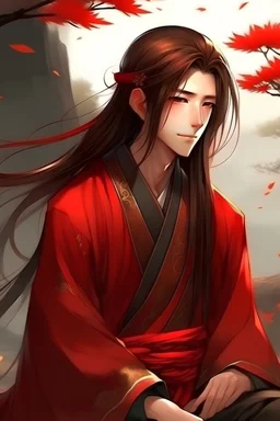 Red, male ,Chinese clothes, long brown hair, stylize