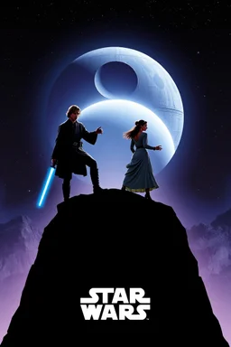 movie poster for Star Wars featuring luke and leia in iconic poses atop of a mound shaped as the words "STAR WARS", the death star in background