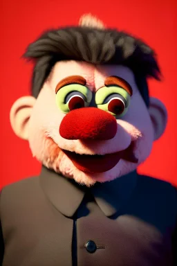 Waist up muppet Portrait, Kim Jong-un as muppet doll, black suit, photo studio, red background, unreal engine 5, concept art, art station, god lights, ray tracing, RTX, lumen lighting, ultra detail, volumetric lighting, 3d.