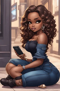 Create a urban culture art of a black chibi curvy female sitting on the floor looking at her cell phone. She is wearing tight blue jeans and a black off the shoulder blouse. Prominent make up with lush lashes. Highly detailed wavy ombre blonde and brown long hair. She is also wearing silver large hoop earrings