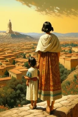 2 mexican woman painting neoclassism standing from the back whole body zoom out looking at a traditional mexican city with child