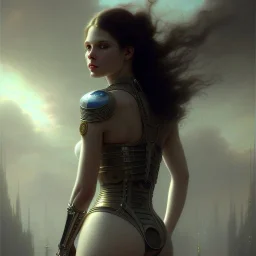 Full color, incredibly detailed portrait of a Beautiful innocent evil sci-fi queen :: beautiful backside :: corset :: Beautiful :: sci-fi cityscape:: attractive portrait by John William Waterhouse, Greg Rutkowski, Luis Royo :: fantasy art, mystical, eldritch :: perfect proportions :: 8k resolution :: dynamic lighting, volumetric lighting intricately detailed :: Unreal Engine 5