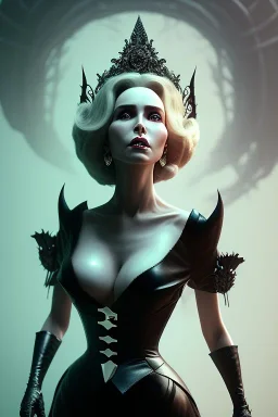 Constance Langdon as evil queen in black leather, leather, busty, cleavage, angry, stern look. character design by cory loftis, fenghua zhong, ryohei hase, ismail inceoglu and ruan jia. unreal engine 5, artistic lighting, highly detailed, photorealistic, fantasy