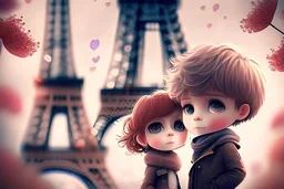 cute chibi mahogany haired girl with a short, silver haired boy, Eiffel tower, heart and love, flowers in Paris, ethereal, cinematic postprocessing, bokeh, dof