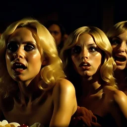 Horror movie shot, hot, ultra realistic, dine, horns, ultra chaos, realistic hot blonde women, party, pieces of meat, organs, hot dynamic, very excited people, hypermaximalist figures, light, 1970's Italian horror movie, sinister,, Dario Argento, Stanley Kubrik, ornate, 4k, photorealism