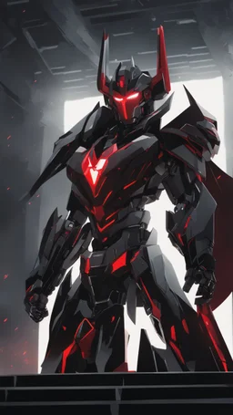 A close picture to Mix between machine and batman in transformers cyborg with black metal and red armor in solo leveling shadow art style with red details detailsis in fantasy world