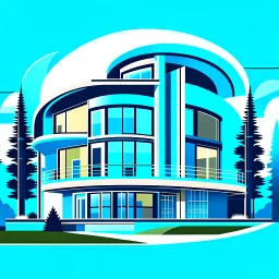 Ilustración vectorial de una casa campestre moderna,neofutufista con innovadoras formas y curvas. Materiales concreto y vidrio. Árboles, gente.