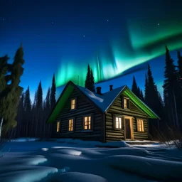 icy cabin front elevation squared off and centered with icy trees behind and aurora borealis - foreground is simple snowy plain