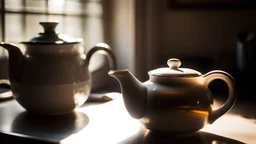 Black tea leaves steep in a white ceramic teapot. The teapot sits next to a matching cup and saucer on a counter. Sunbeams shine through a kitchen window, illuminating the steam. Highly detailed photograph with shallow depth of field.