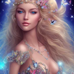  lying down beautiful face princess blond fairy smiling with sparkle jewel bikini and butterflies in hair magic