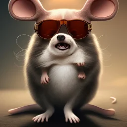 midget male with the head of a cute mouse wearing sunglasses, dramatic, dramatic lighting, volumetric lighting, hyperrealism, 8k, high quality, photorealistic, lot of details