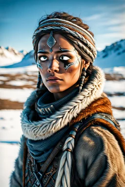 create a young, otherworldly lost Siberian nomadic female huntress with highly detailed, sharply lined and deeply weathered facial features in a desolate tundra steppe landscape , in natural winter tundra colors, 8k,