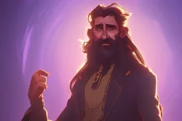 boisterous braided long haired bearded tall middle-aged man wearing gold rings and rugged long fur trimmed merchant's coat, dark background, dynamic lighting, full body character design, glowing eyes