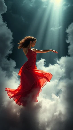A beautiful Spanish flamingo dancer with a beautiful red dress while dancing swirling clouds, emerges from the heart of a raging storm. Turbulent winds of steam swirl around the louds lit by shafts of sunlight that cast dramatic shadows on the A beautiful dancer woman High quality 16k cinematic scene and great photography