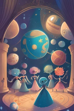 A whimsical, children's book-style illustration of anthropomorphized planets attending a celestial ball, showcasing their unique personalities and attire inspired by their planetary characteristics, set in an enchanting, starlit ballroom.