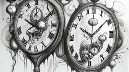 Surreal melted analog clocks with distorted faces and hands displaying irregular, warped time in a dreamlike, abstract setting, pencil drawing