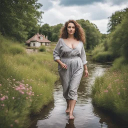 full body shot of a very beautiful lady curvy hair, walks in the country side with a narrow river with clean water and nice rocks on floor. The trees and wild flowers pretty country houses ,nice cloudy sky.