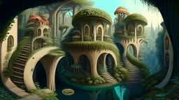 Gigantic mushroom village with balconies, archways, stairs, bridges, bushes, spanish moss, ivy, lake, a winding pathway through the middle