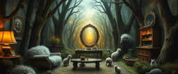 in the magical mirror forest we get a strange portrait of a living room, and you enter the strangest bubble doorway to weird dimension and the aura of its heavenly fluffy elevated messed up woodland and ad & d monster creatures flock painted by Nerdrum and Rembrandt