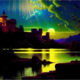 Drawing of 'Medieval Romanian Castle',mountain,lake,full moon, by gaston bussiere, greg rutkowski, yoji shinkawa, yoshitaka amano, tsutomu nihei, donato giancola, tim hildebrandt, oil on canvas, cinematic composition, extreme detail,fit full head inside picture,16k