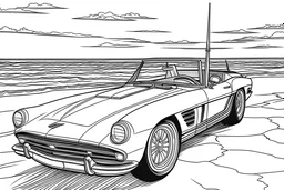 1963 corvette convertible set back in front of ocean. Outline, sketch style, only use outline, mandala style, clean line art, white background, no shadows, no clear wall, coloring page, vector style.