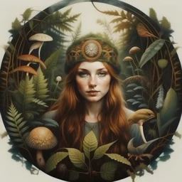 realistic like a photo light colours mandala woman witch muschroom chat forest fern