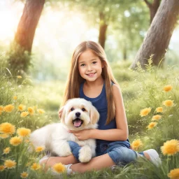 very beautiful realistic10 years old girl with a furry Dog