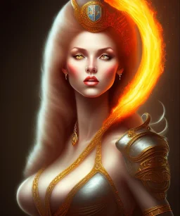 portrait lady fire with big bobs no top long black hairs in castle