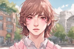 close up headshot portrait of beautiful 18-year-old man who looks like a girl, femboy, feminine, male, brown hair, red eyes, pretty body, perfect face, Wadim Kashin, James Gurney, Ink, splash art, amazing beauty, college campus background, has pink accents on clothes, anime style