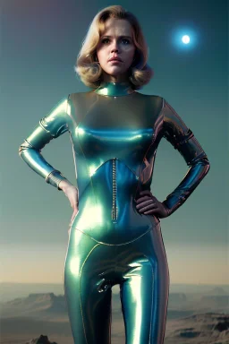 Ultra Realistic retro sci-fi portrait New York image from 1960, many spaceships, sweet young Jane Fonda, tight latex suit, weapon, fighting stance, soft color, highly detailed, unreal engine 5, ray tracing, RTX, lumen lighting, ultra detail, volumetric lighting, 3d, finely drawn, high definition, high resolution.