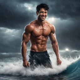 Hyper realistic very handsome shirtless muscular short black hair man smiling & surfing on sea at rainy night with thunderstorm