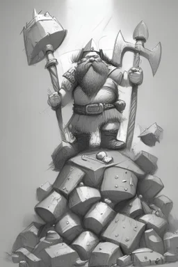 A fantasy sketch of a dwarf with a hammer and shield standing on top of a pile of bodies