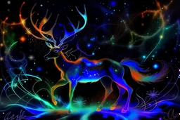 <lora:Eclipse:1.0> radiant chalkboard drawing of a lean, tall, long-legged beautiful proud prancing reindeer on a frozen pond, ice crystals spreading out from the hooves; Christmas ambiance, silver, copper, ice blue, dayglo orange, blue-green, neon grape purple, luminous color sparkles, smoke, deep forest, glitter snow, snowflakes, fairy dust, pine trees, nebula sky; in the combined styles of David Dees art and Sean Coss art