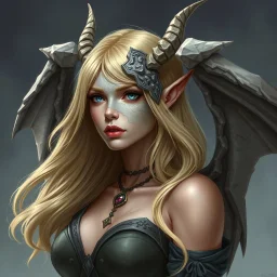 a blonde fantasy woman who is turning into a gargoyle, her face is partially stone, stone wings, digital art, stylised