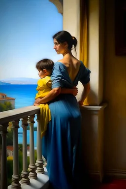 Neoclassicism mother with child in her arms waiting whole body zoom out realistic cote d'azur painting from the back