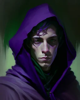 portrait of a mysterious and feminine male young hermit , he has purple hair, an attractive face. He is slim. He has green eyes. He is wearing a black luxurious cloak that has a hood that partially obscures his face with shadow, oil painting