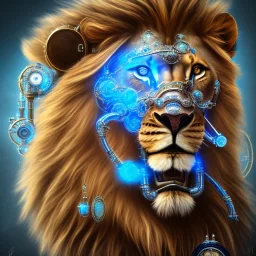 a lion made of steam punk elements with blue diamonds in his face, high detail, live, photo, kybernetic, 8k