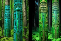 A green cybernetic forest designed in pacific Northwest totem poles painted by Albrecht Durer