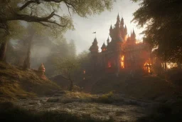 burning fantasy castle in the forest