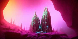 single pink crystal, on an altar in a foggy cave, cinematic,