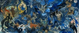 A dark blue chaotic realm with pixies designed in Japanese Oni masks painted by Claude Monet